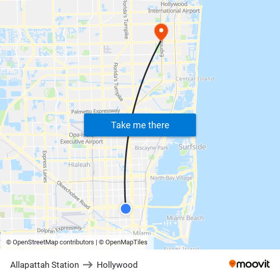 Allapattah Station to Hollywood map