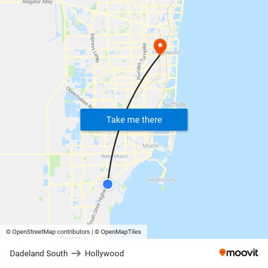 Dadeland South to Hollywood map