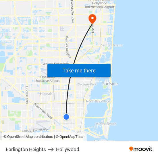 Earlington Heights to Hollywood map