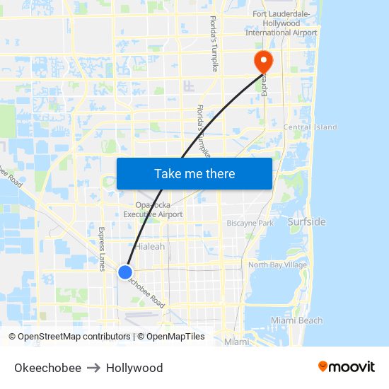 Okeechobee to Hollywood map