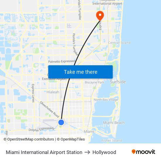 Miami International Airport Station to Hollywood map