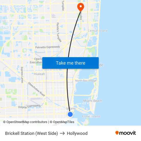 Brickell Station (West Side) to Hollywood map