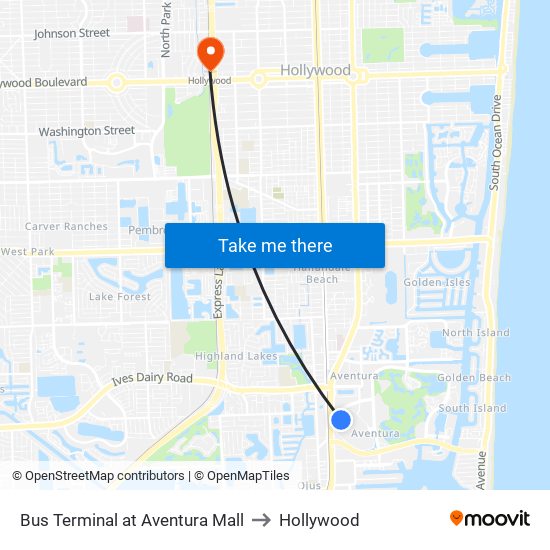 Bus Terminal at Aventura Mall to Hollywood map