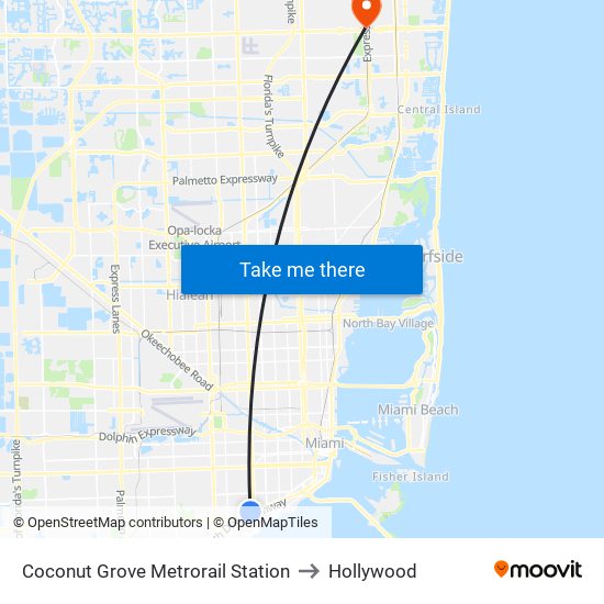 Coconut Grove Metrorail Station to Hollywood map