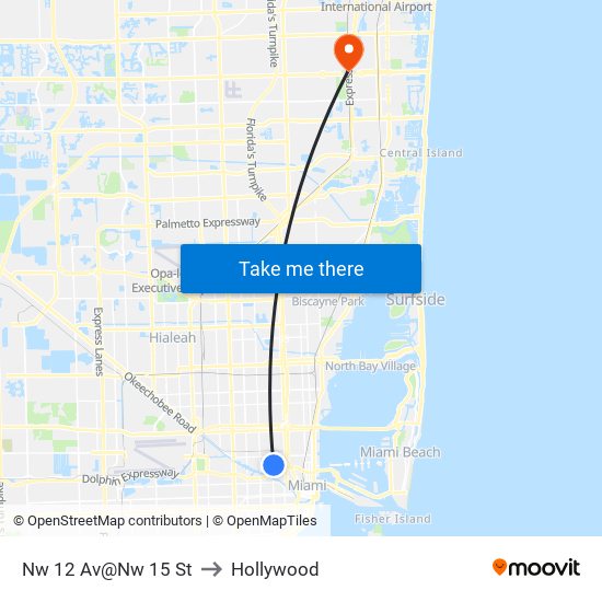 Nw 12 Av@Nw 15 St to Hollywood map
