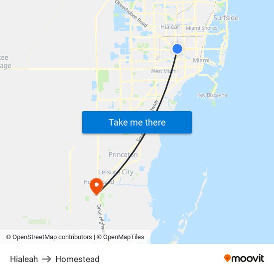 Hialeah to Homestead map