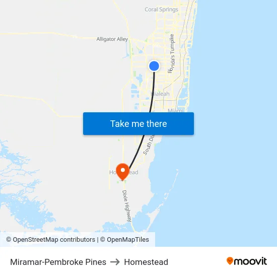 Miramar-Pembroke Pines to Homestead map