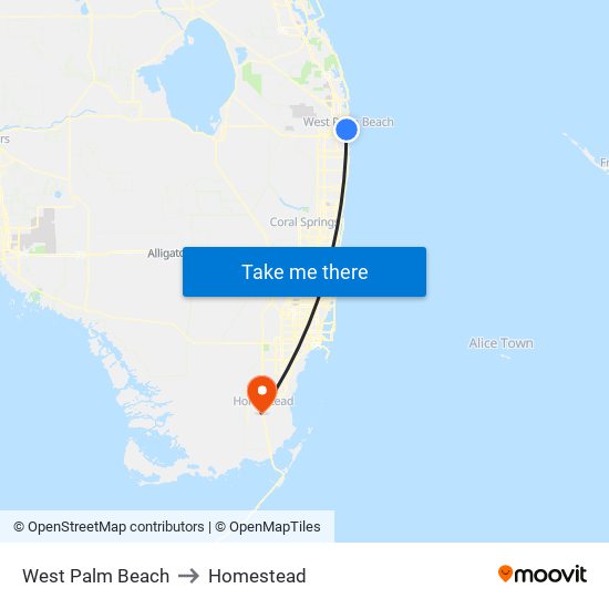 West Palm Beach to Homestead map