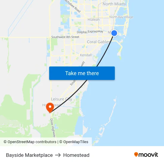 Bayside Marketplace to Homestead map