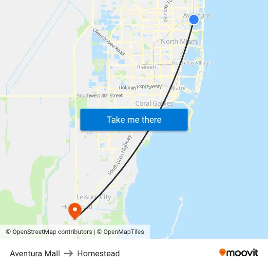 Aventura Mall to Homestead map