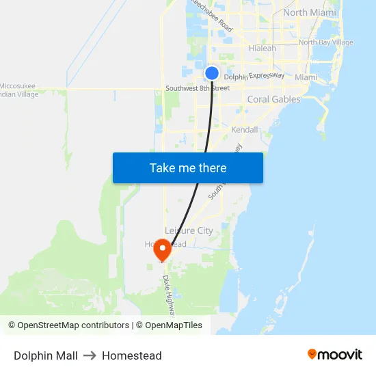 Dolphin Mall to Homestead map