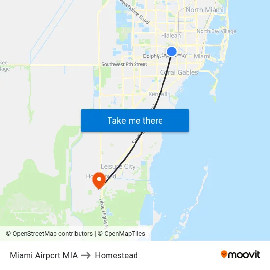 Miami Airport MIA to Homestead map