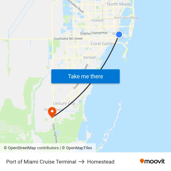 Port of Miami Cruise Terminal to Homestead map