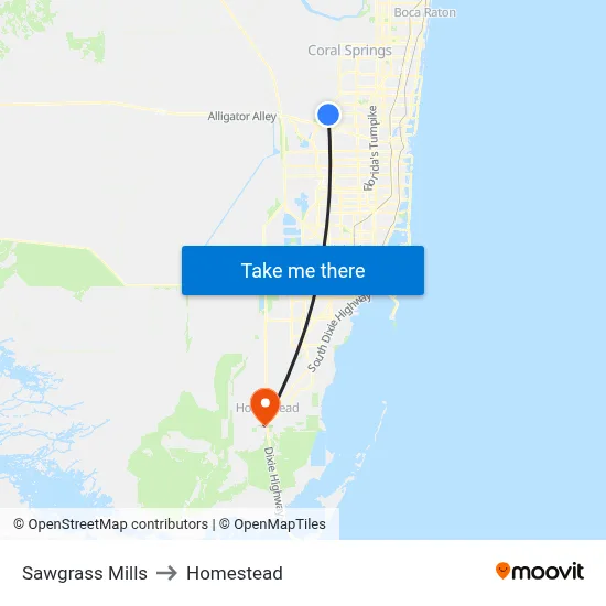 Sawgrass Mills to Homestead map