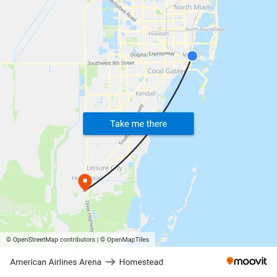 American Airlines Arena to Homestead map