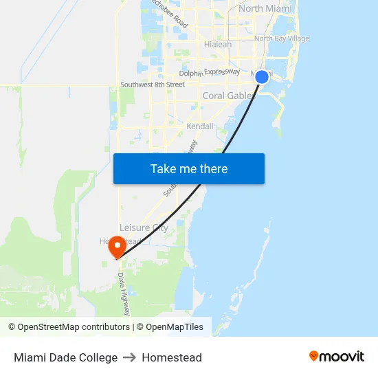 Miami Dade College to Homestead map