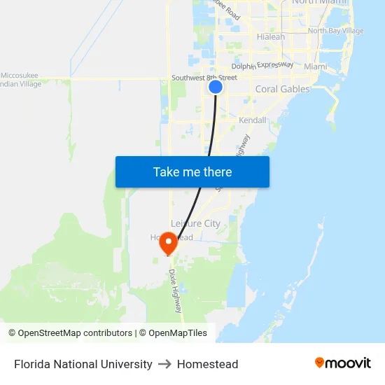 Florida National University to Homestead map