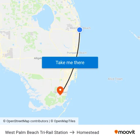 West Palm Beach Tri-Rail Station to Homestead map