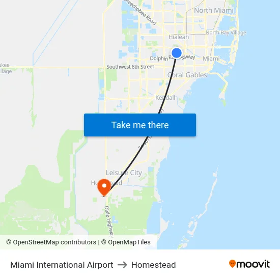 Miami International Airport to Homestead map