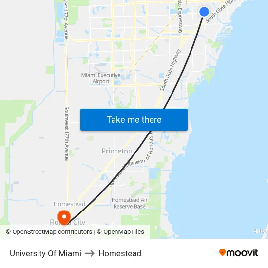 University Of Miami to Homestead map
