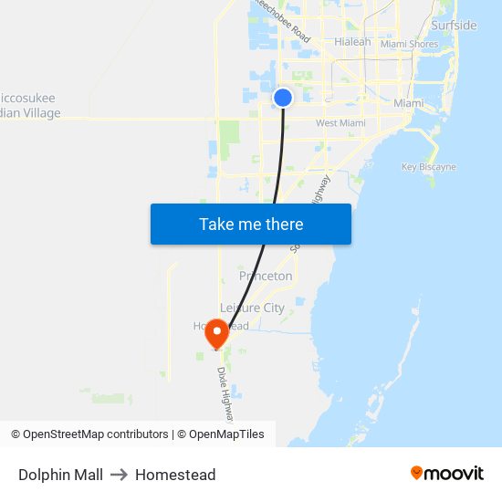 Dolphin Mall to Homestead map