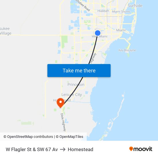 W Flagler St & SW 67 Av to Homestead map