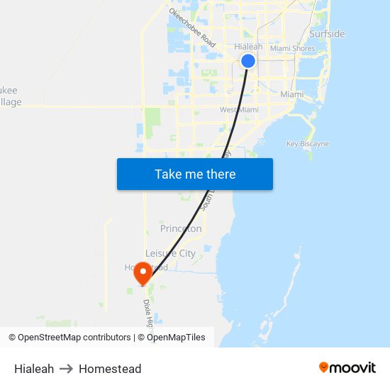 Hialeah to Homestead map