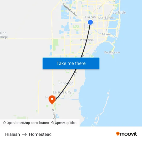Hialeah to Homestead map
