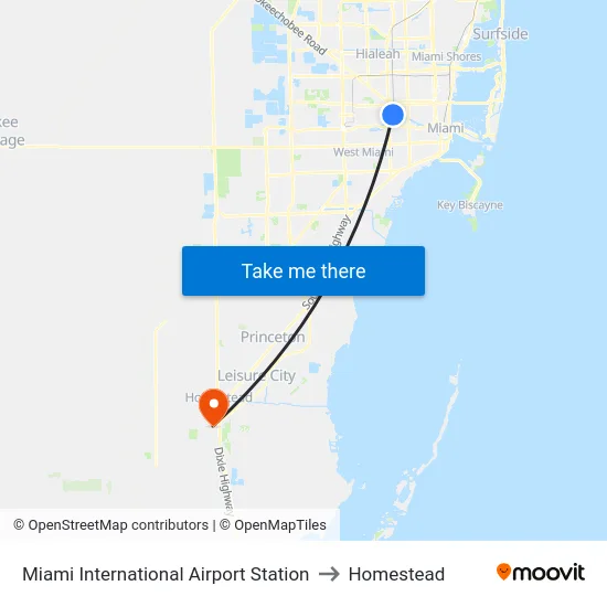 Miami International Airport Station to Homestead map