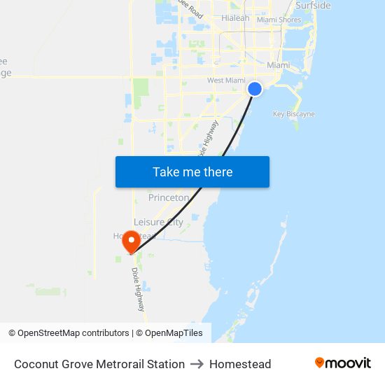 Coconut Grove Metrorail Station to Homestead map