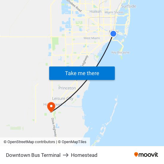 Downtown Bus Terminal to Homestead map