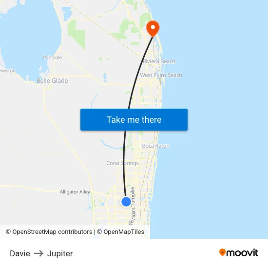 Davie to Jupiter map