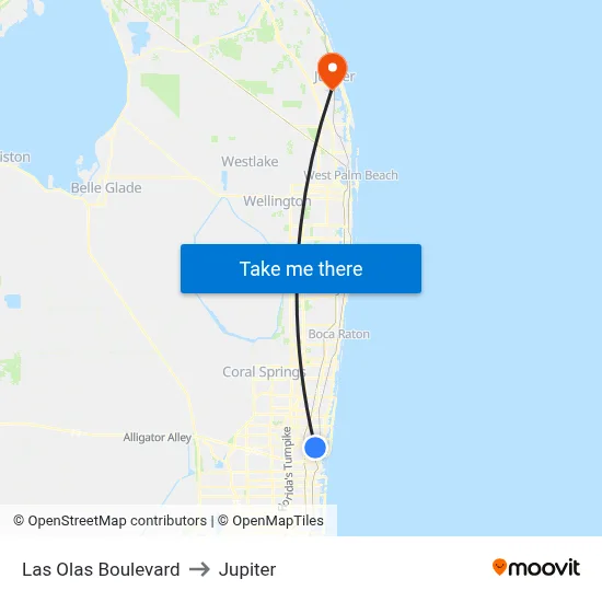 Las Olas Boulevard to Jupiter map