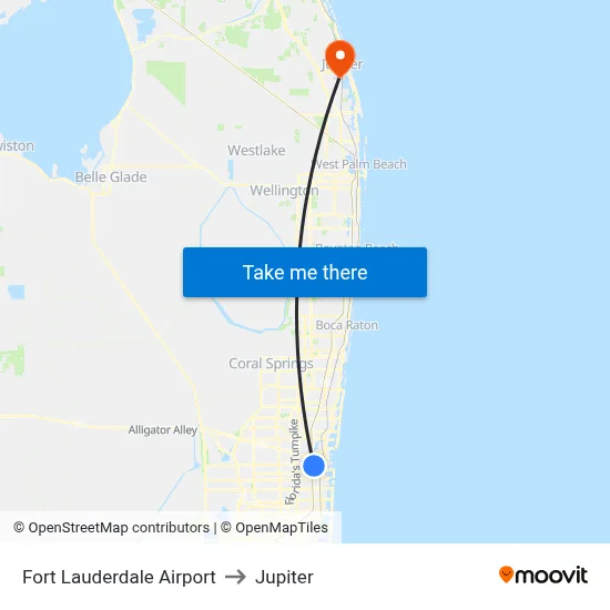 Fort Lauderdale Airport to Jupiter map