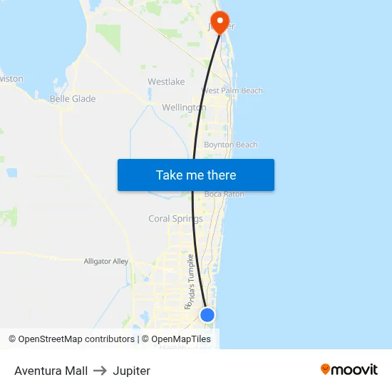 Aventura Mall to Jupiter map