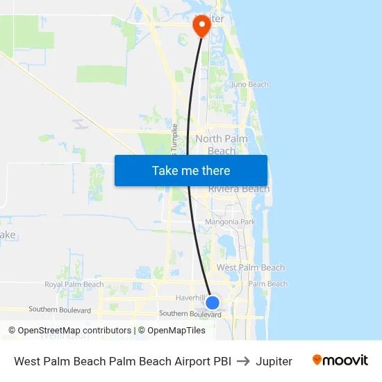 West Palm Beach Palm Beach Airport PBI to Jupiter map