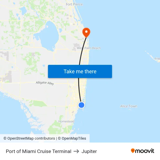 Port of Miami Cruise Terminal to Jupiter map