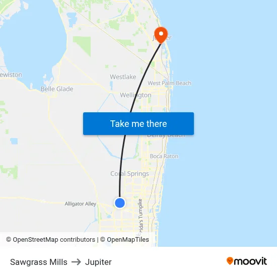 Sawgrass Mills to Jupiter map