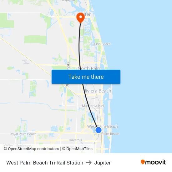 West Palm Beach Tri-Rail Station to Jupiter map