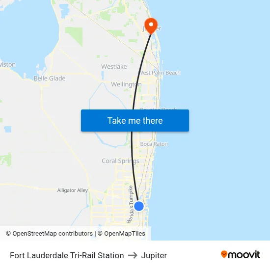 Fort Lauderdale Tri-Rail Station to Jupiter map