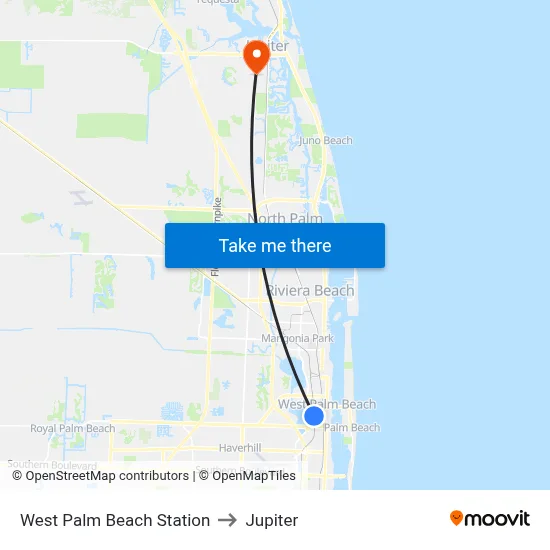 West Palm Beach Station to Jupiter map