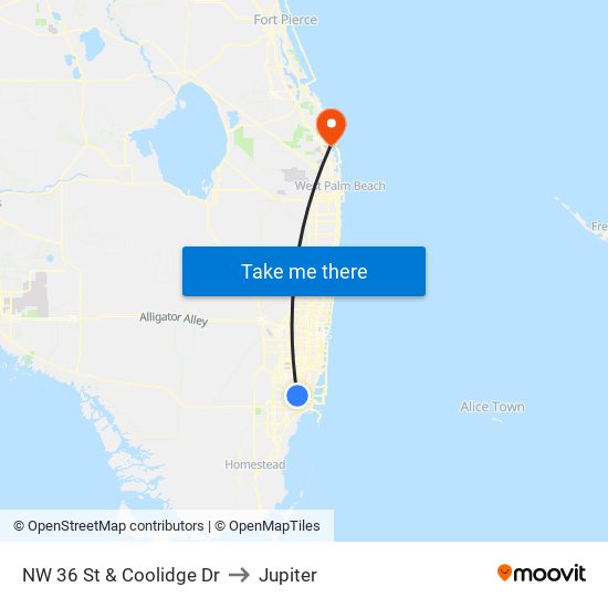 NW 36 St & Coolidge Dr to Jupiter map
