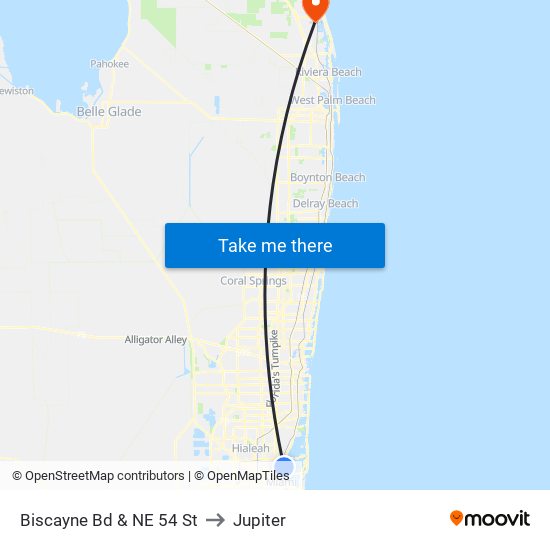 Biscayne Bd & NE 54 St to Jupiter map