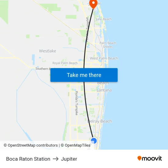 Boca Raton Station to Jupiter map