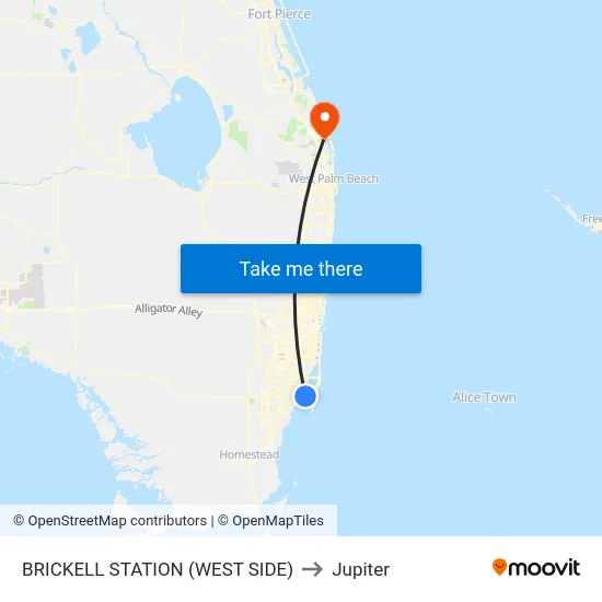 Brickell Station (West Side) to Jupiter map