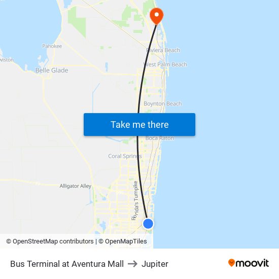 Bus Terminal at Aventura Mall to Jupiter map