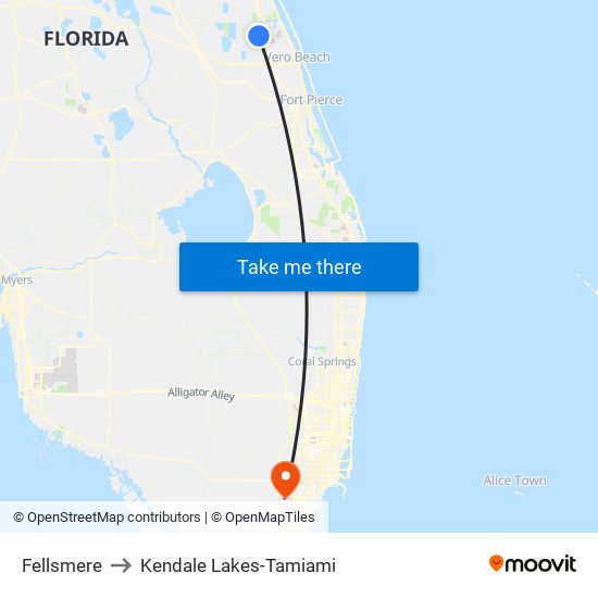 Fellsmere to Kendale Lakes-Tamiami map