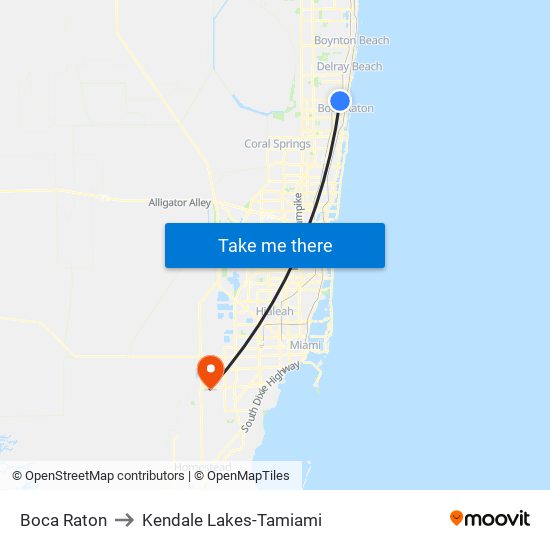 Boca Raton to Kendale Lakes-Tamiami map