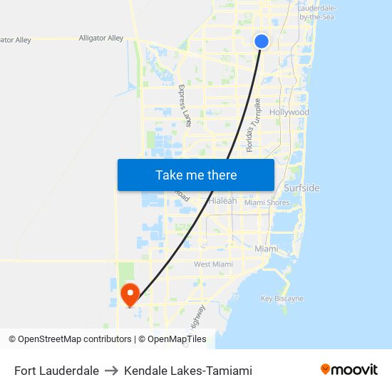 Fort Lauderdale to Kendale Lakes-Tamiami map