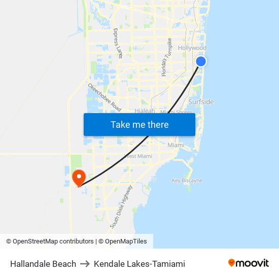 Hallandale Beach to Kendale Lakes-Tamiami map